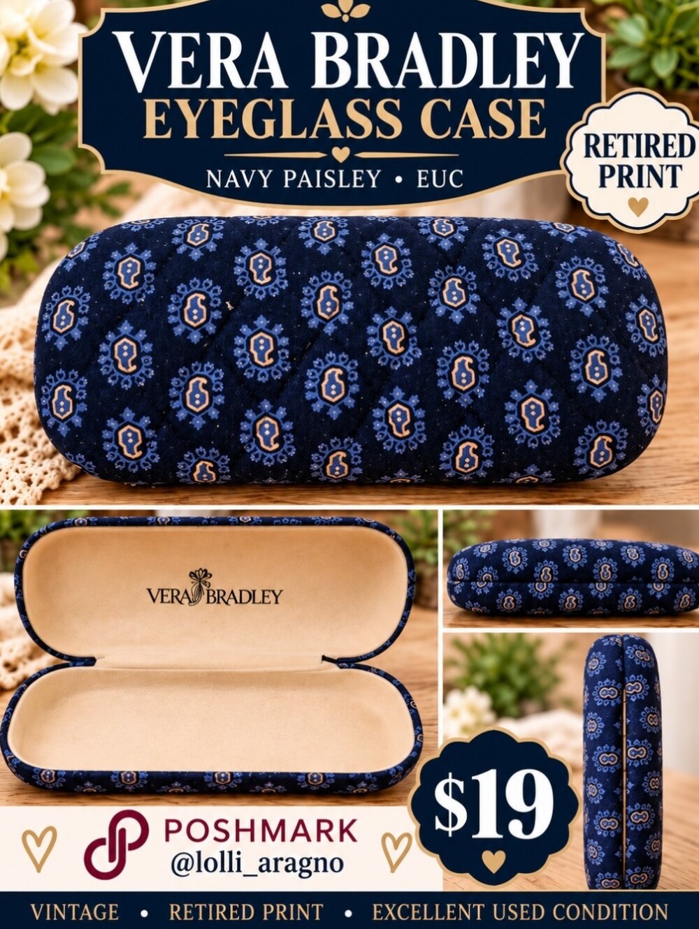 Vera Bradley RETIRED Navy Paisley Eyeglass Case - Blue and Tan Pattern